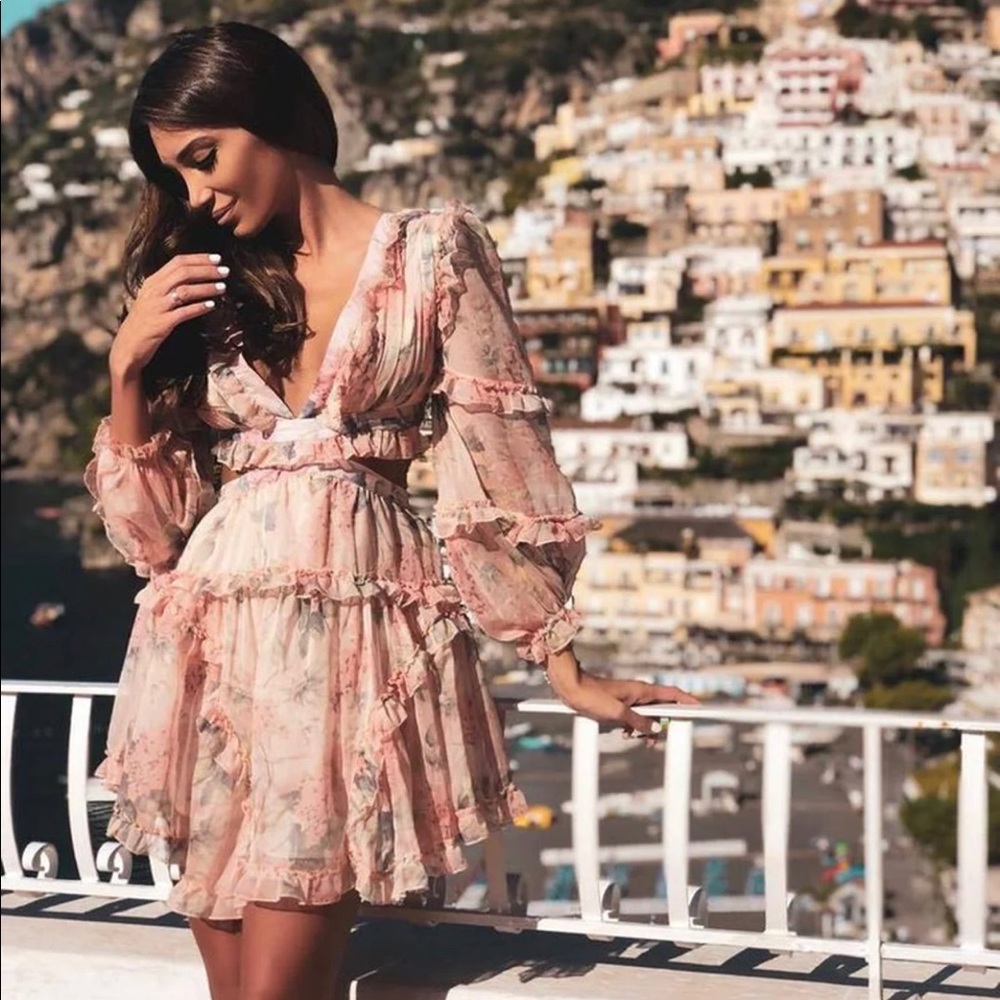 FLORA FLORAL MINI RUFFLE DRESS